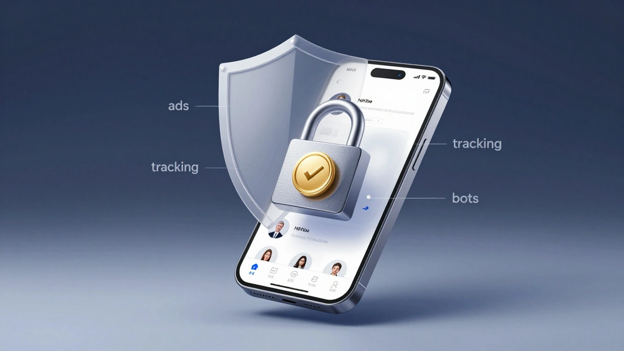 Écran de smartphone affichant l'application HER avec un badge de vérification manuelle, protégé par un bouclier contre les menaces numériques.