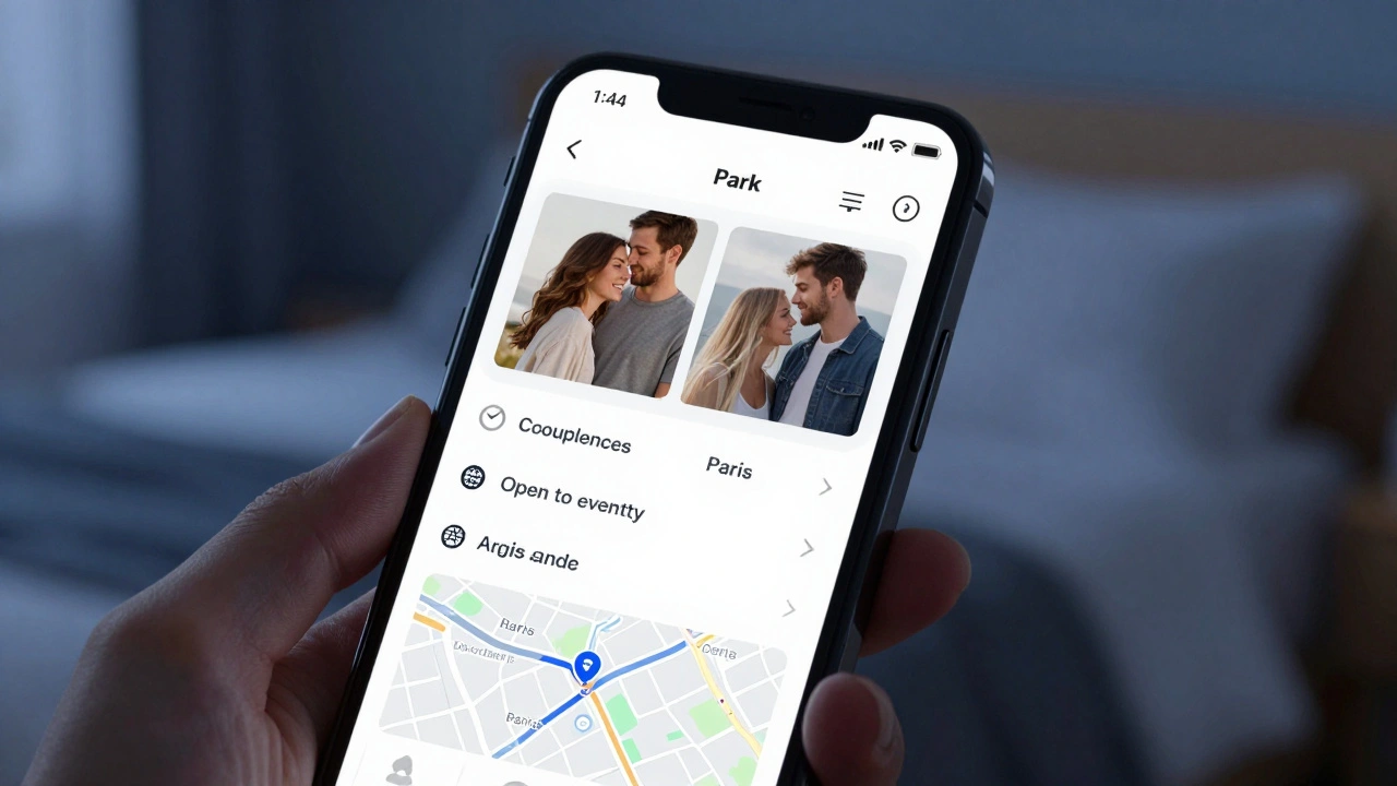 Interface d'application mobile affichant un profil de couple avec préférences claires et carte des événements à Paris.