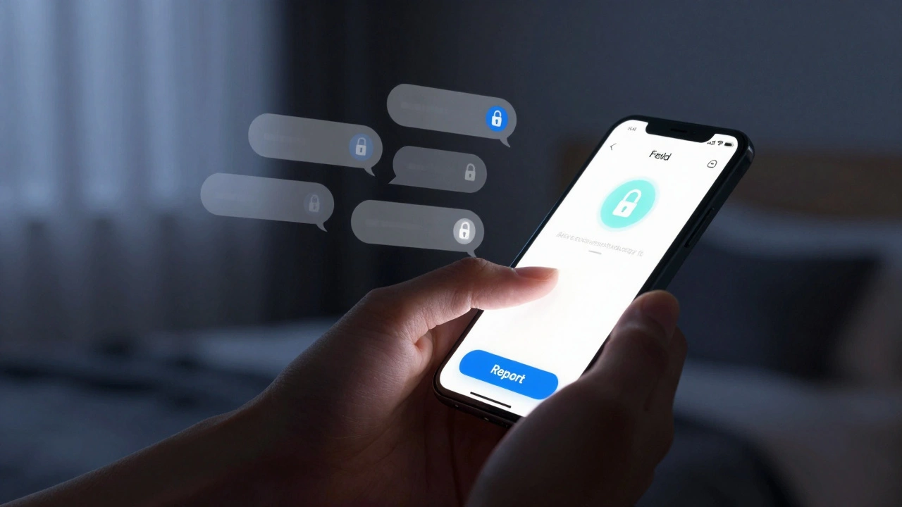 Main sur un téléphone affichant l'application Feeld avec des messages cryptés et un bouton 'Signaler', dans une ambiance nocturne apaisante.