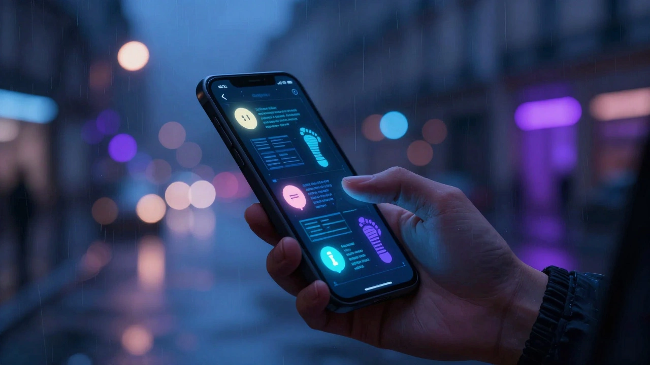 Mains sur un smartphone allumé la nuit, reflets urbains suggérant des mensonges numériques.