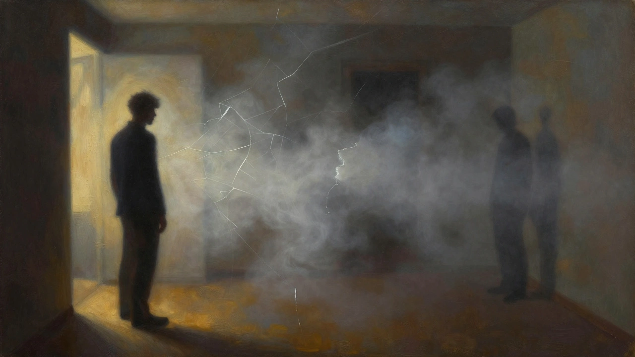 Silhouettes séparées par du brouillard symbolisant la manipulation psychologique et le doute.