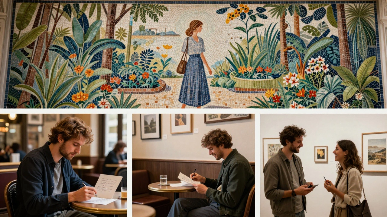 Trois scènes discrètes d'une femme dans un jardin secret, d'un homme avec des notes manuscrites, et d'un couple en visite privée dans une galerie.