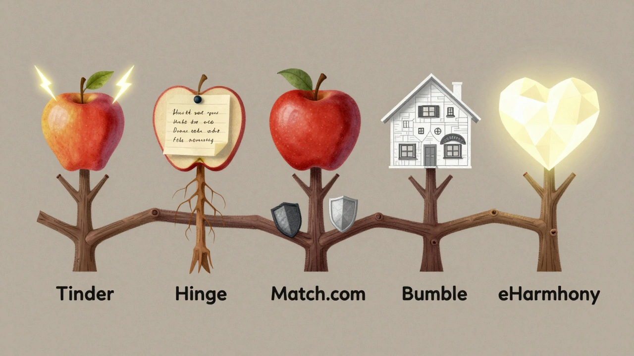 Un arbre aux cinq branches représente les cinq principales applications de rencontre aux États-Unis avec leurs résultats uniques.