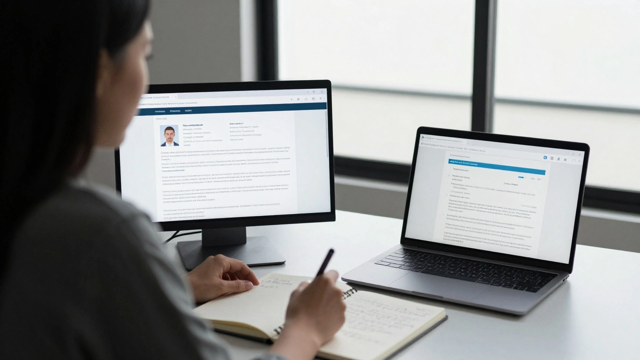 Un conseiller en train de vérifier des documents professionnels dans un bureau minimaliste.