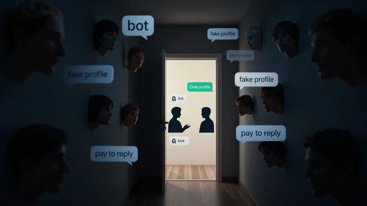 Un couloir sombre rempli de profils falsifiés, avec une seule issue vers un chat authentique et sans piège.