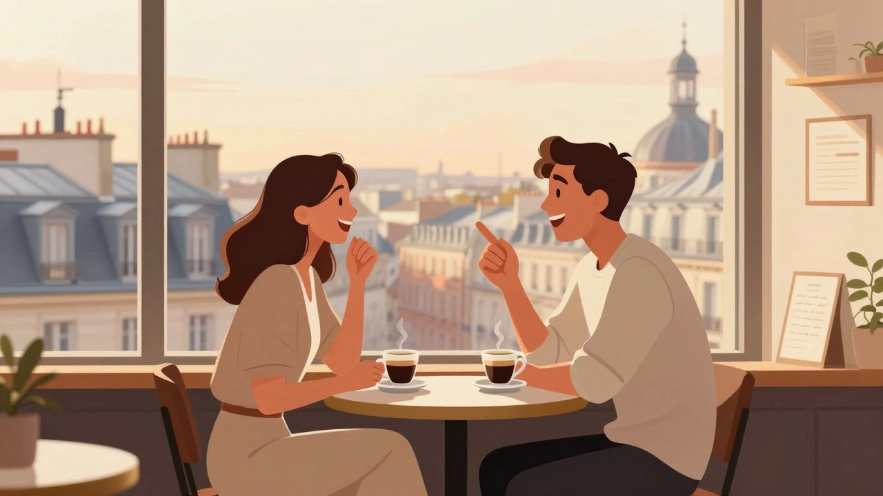 Un couple buvant un café avec une vue sur Paris.