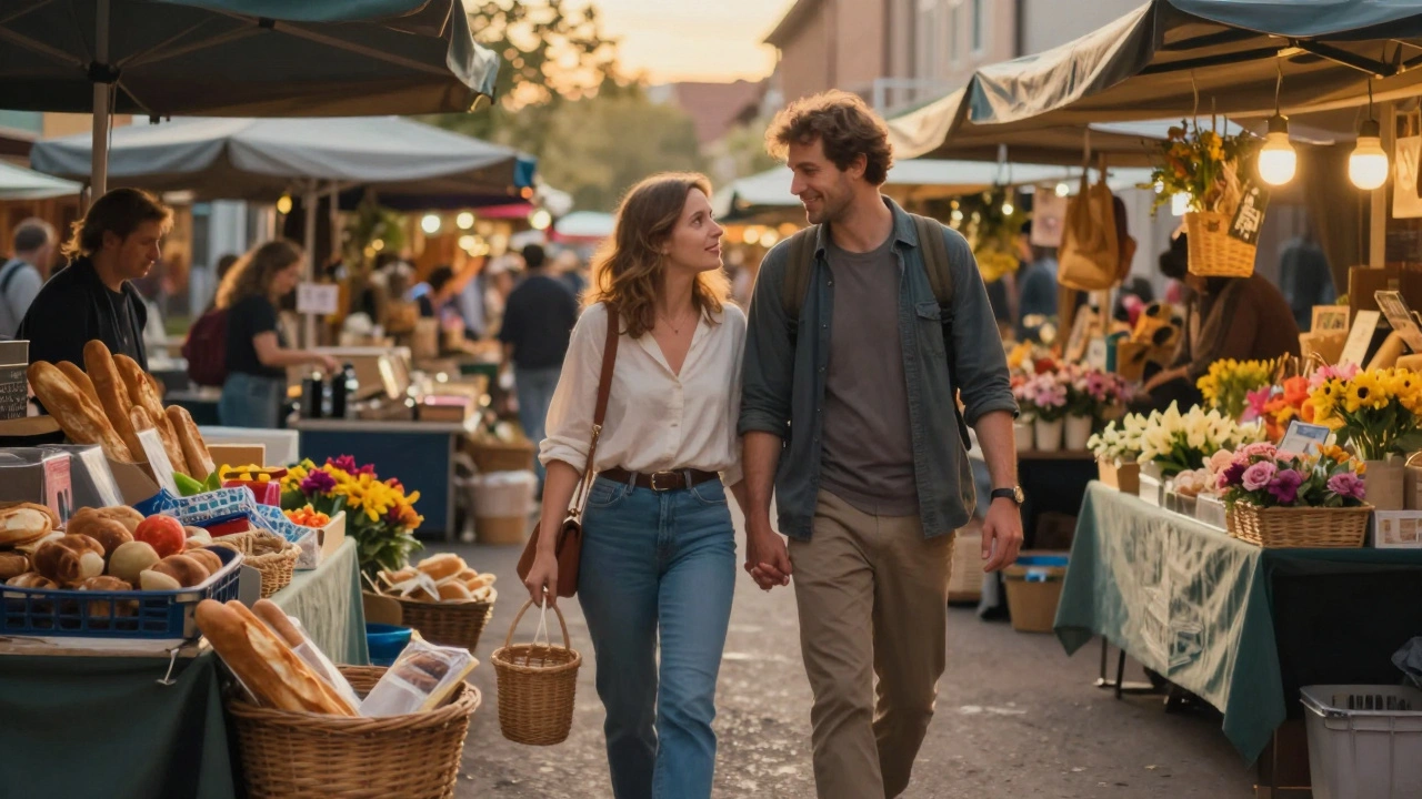 Un couple explore un marché de quartier au crépuscule, main dans la main, curieux et connectés.