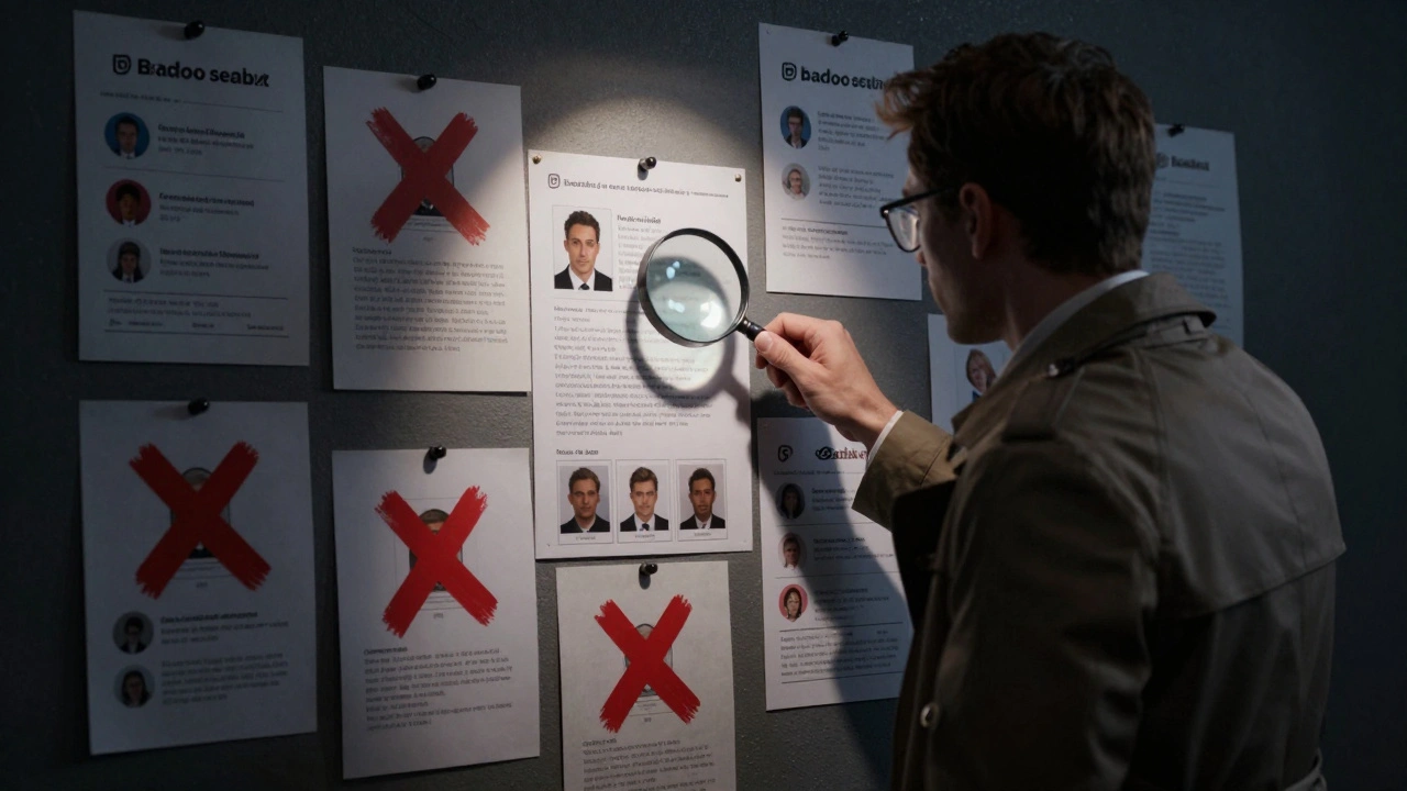 Un détective examine des profils Badoo épinglés sur un mur, certains vérifiés, d'autres marqués comme frauduleux.