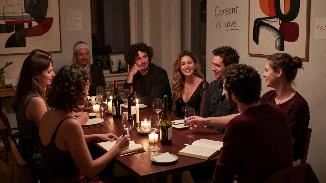 Un dîner communautaire dans un loft parisien où des adultes partagent des moments sincères, sans sexualité explicite.