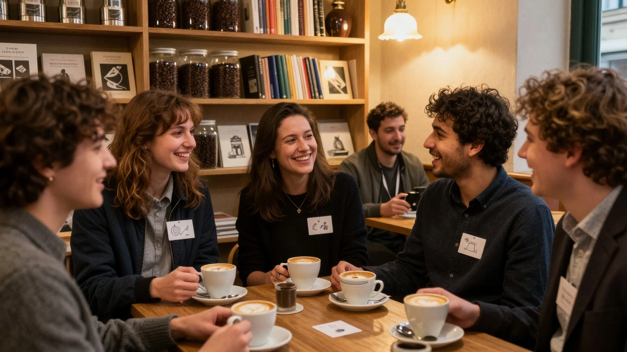 Un événement de rencontre réelle dans un café parisien, avec des participants engagés dans des conversations authentiques.