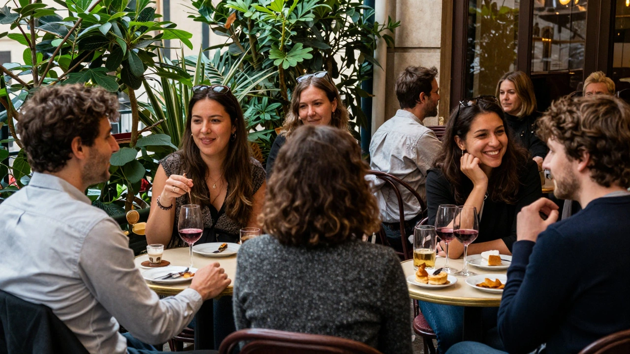 Un groupe diversifié participe à un événement discret dans un café de jardin à Paris.