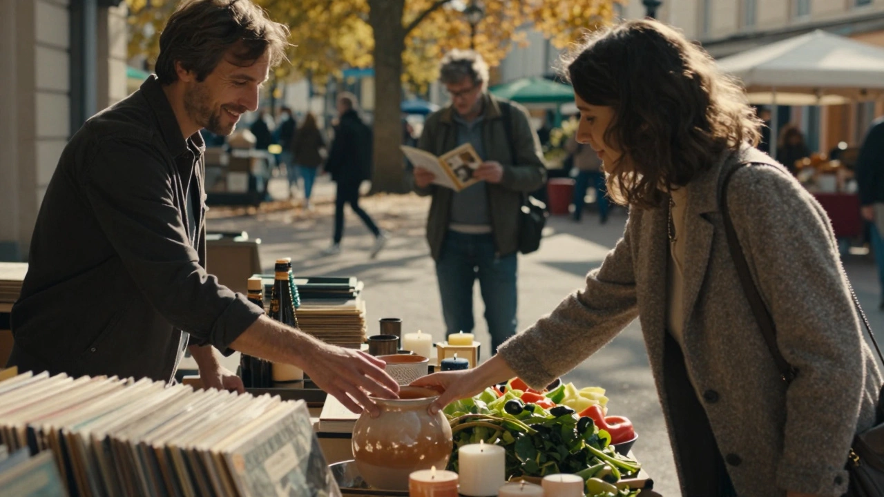 Un marché dominical à Paris, une femme touche un pot en céramique, un vendeur sourit, lumières dorées et étals de légumes.