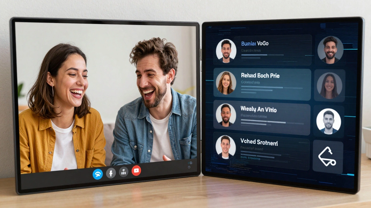 Un miroir double : d'un côté, deux personnes rient lors d'un appel vidéo ; de l'autre, des profils falsifiés et des publicités agressives.
