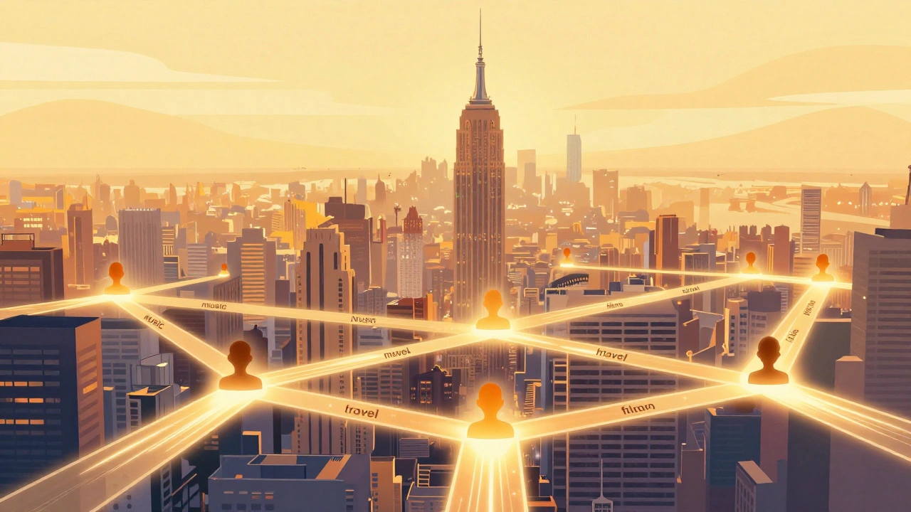 Un réseau digital de connexions entre utilisateurs américains partageant des intérêts communs sur une application de rencontre.