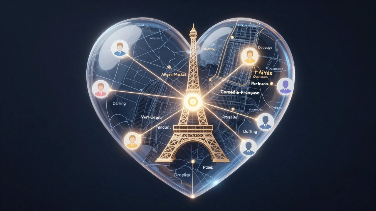 Une carte de Paris avec des liens lumineux reliant des lieux emblématiques à des profils vérifiés.