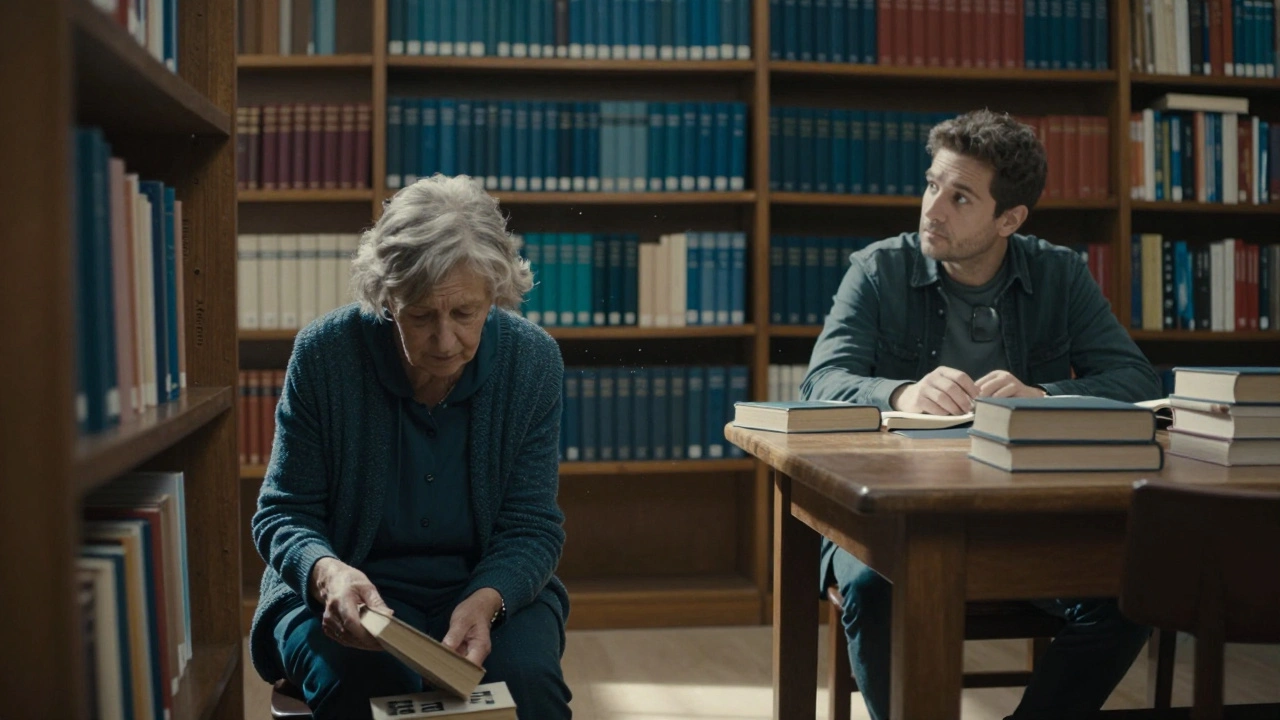 Une femme ramasse un livre tombé dans une bibliothèque parisienne, un homme la regarde avec douceur.