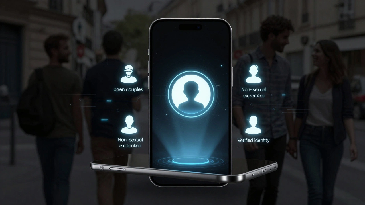 Une interface numérique montre des filtres de consentement et d'identité vérifiée, entourée de silhouettes humaines.