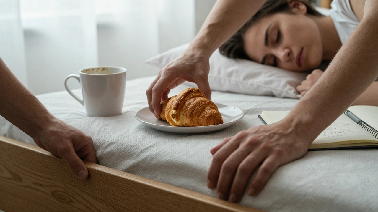 Une main dépose un croissant sur un plateau près d'une femme endormie, la lumière du matin filtre à travers les rideaux.