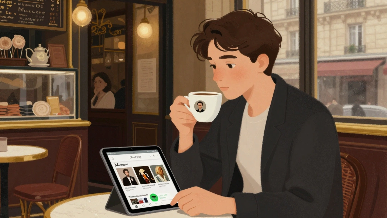 Une personne passionnée d'art dans un café parisien, découvrant un profil culturel sur un écran.