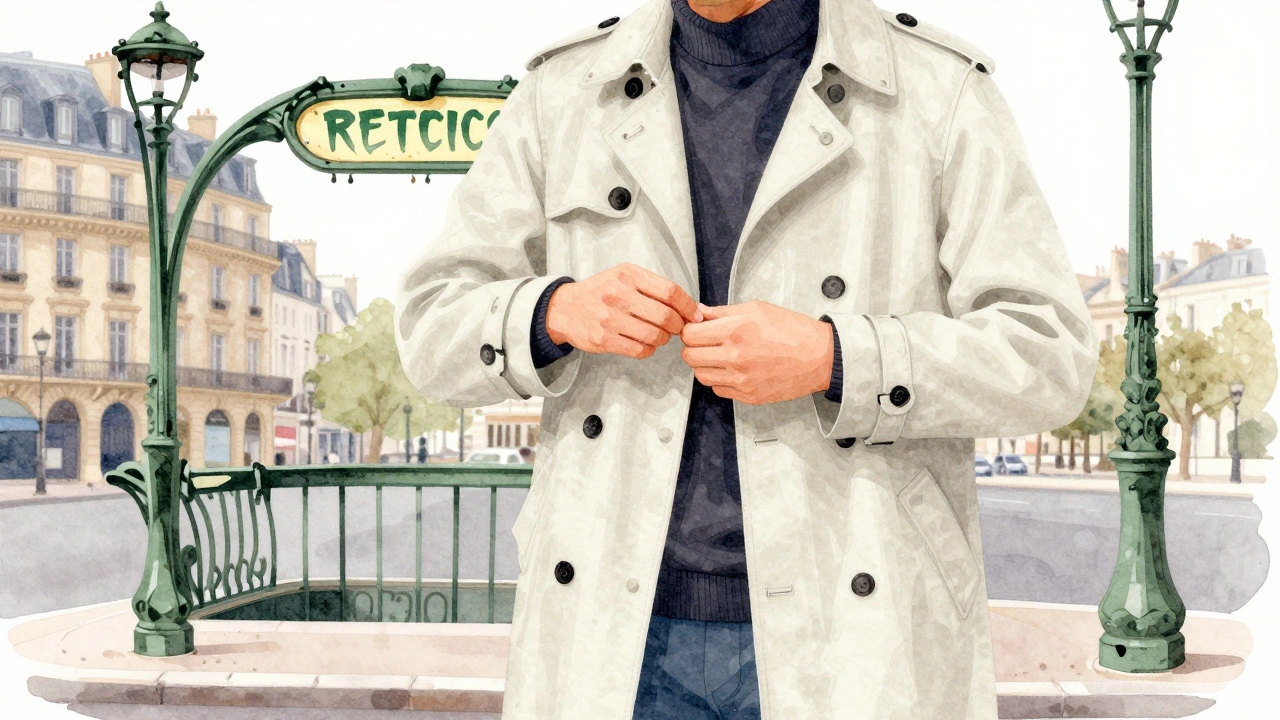 Une personne vérifie son manteau devant une entrée de métro parisienne