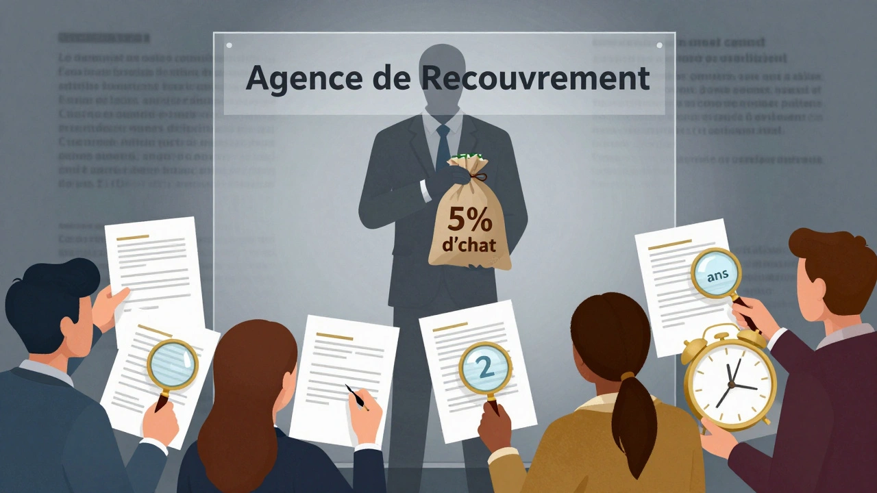 Une silhouette d'agence de recouvrement tient de l'argent tandis que des gens vérifient des documents juridiques.